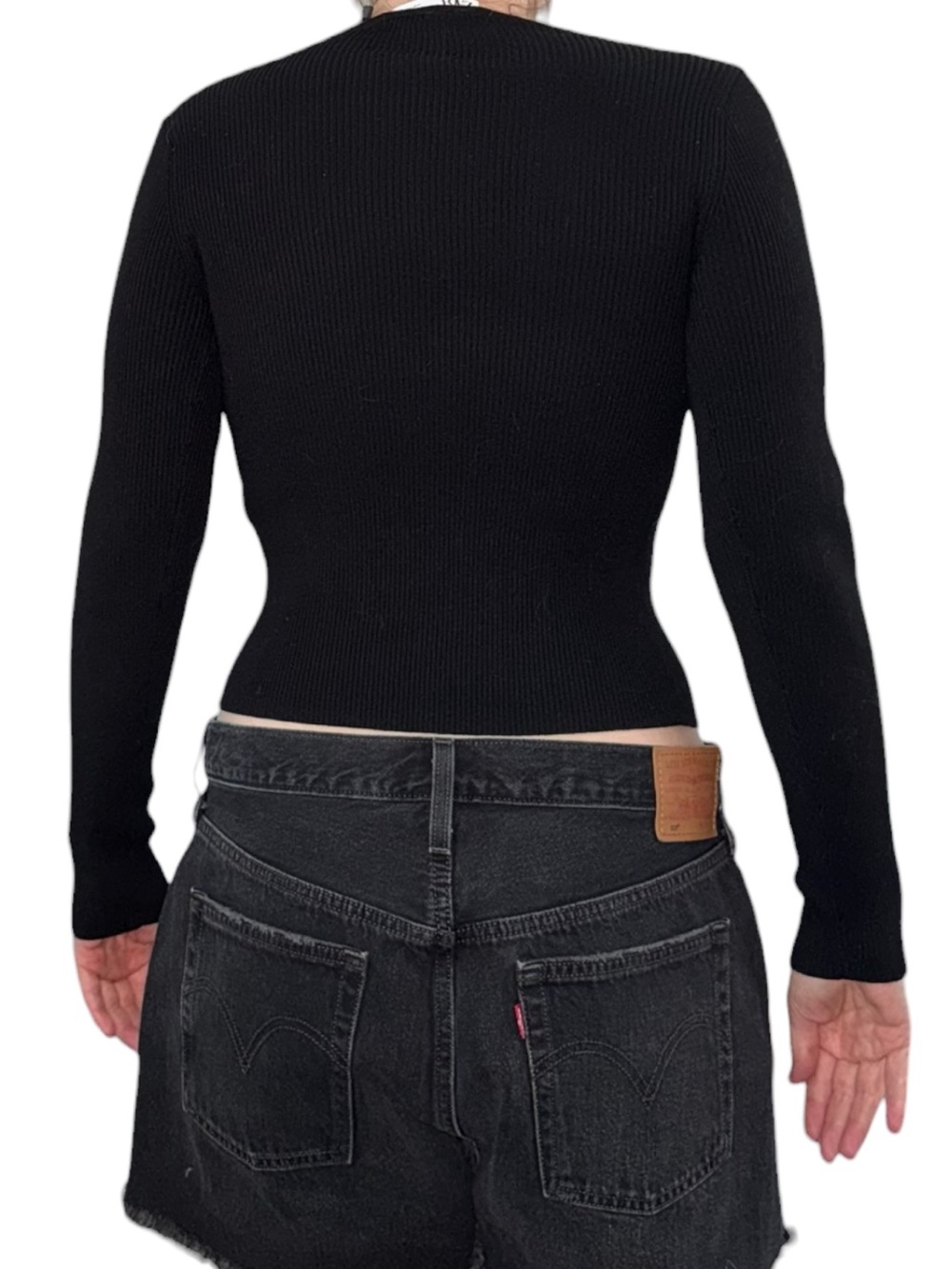 Black Ribbed Button-Front Crop Cardigan - Picture 3 of 6